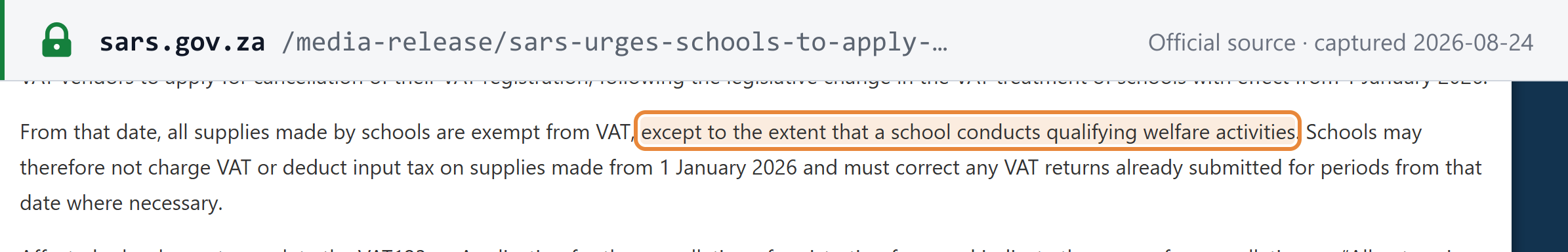 Source snapshot — SARS media release stating that from 1 January 2026 all supplies made by schools are exempt from VAT, except to the extent that a school conducts qualifying welfare activities