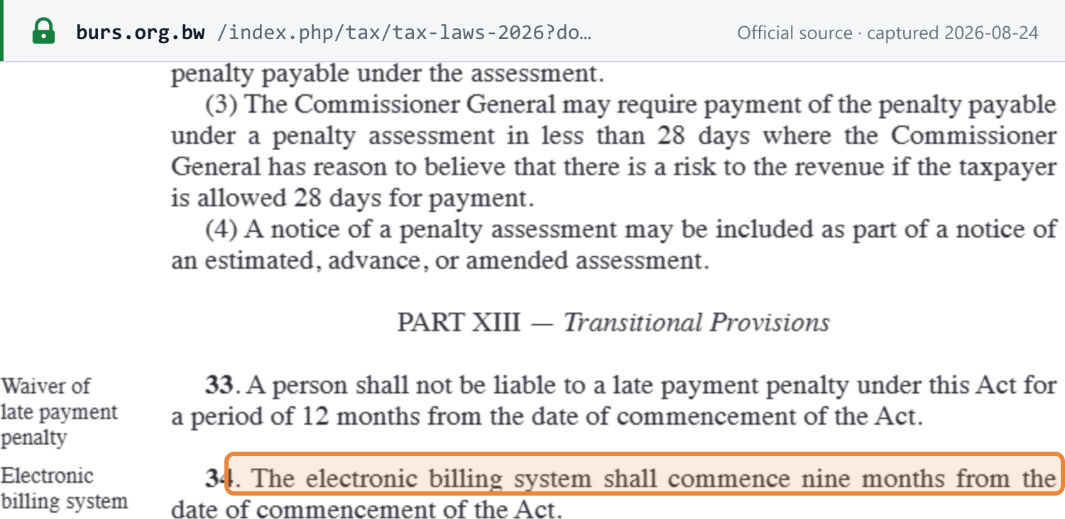 Source snapshot — regulation 34 of the Tax Administration Regulations, 2026: the electronic billing system shall commence nine months from the date of commencement of the Act