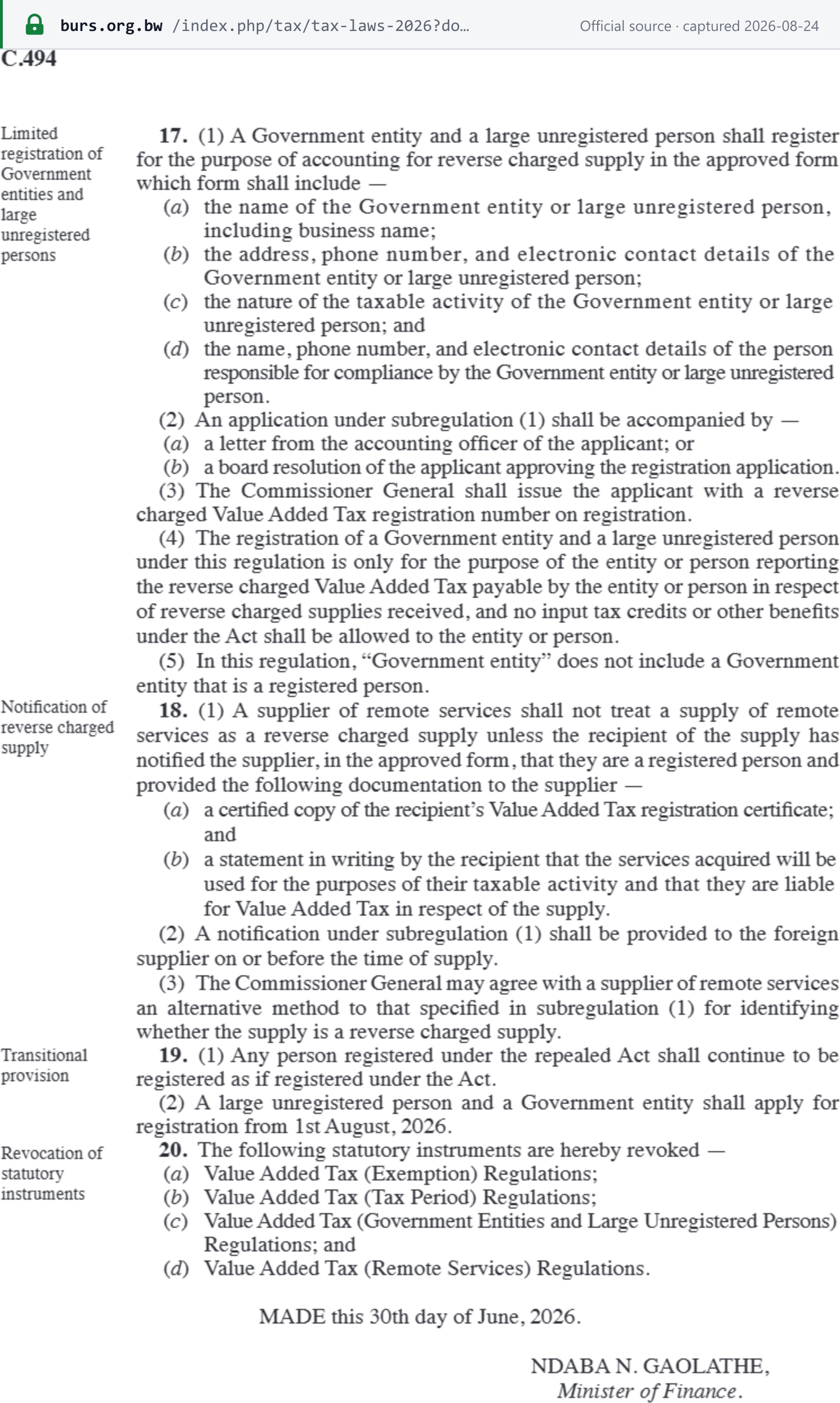 Source snapshot — regulation 20 of the Value Added Tax Regulations, 2026 (S.I. No. 94 of 2026), revoking the Value Added Tax (Remote Services) Regulations and the Value Added Tax (Government Entities and Large Unregistered Persons) Regulations among others