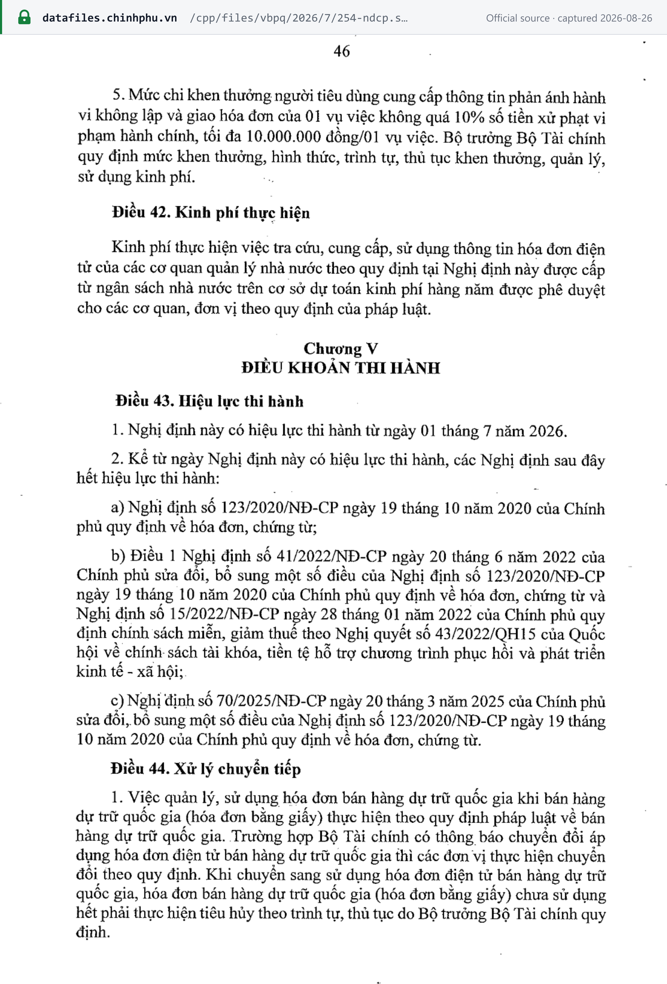 Source snapshot — Decree 254/2026 Article 43: the Decree takes effect 1 July 2026 and the following cease to have effect — (a) Decree 123/2020/ND-CP, (b) Article 1 of Decree 41/2022/ND-CP, (c) Decree 70/2025/ND-CP of 20 March 2025
