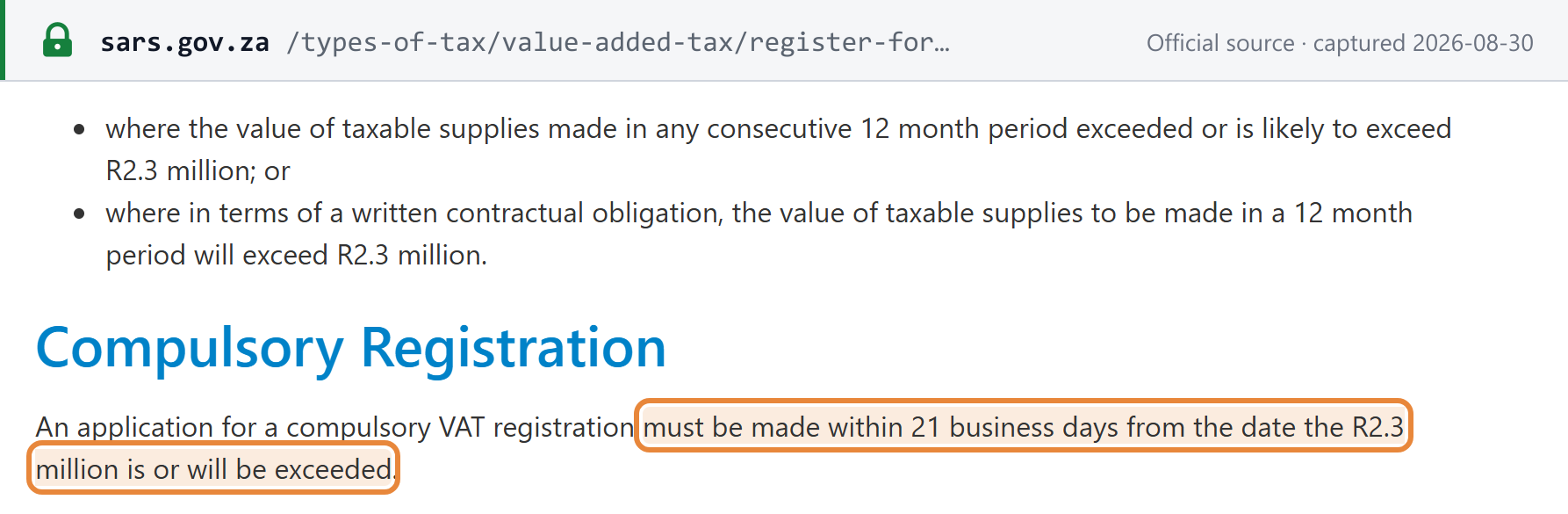 Source snapshot — SARS "Register for VAT": registration is compulsory once taxable supplies exceed R2.3 million in a consecutive 12-month period, and the application must be made within 21 business days