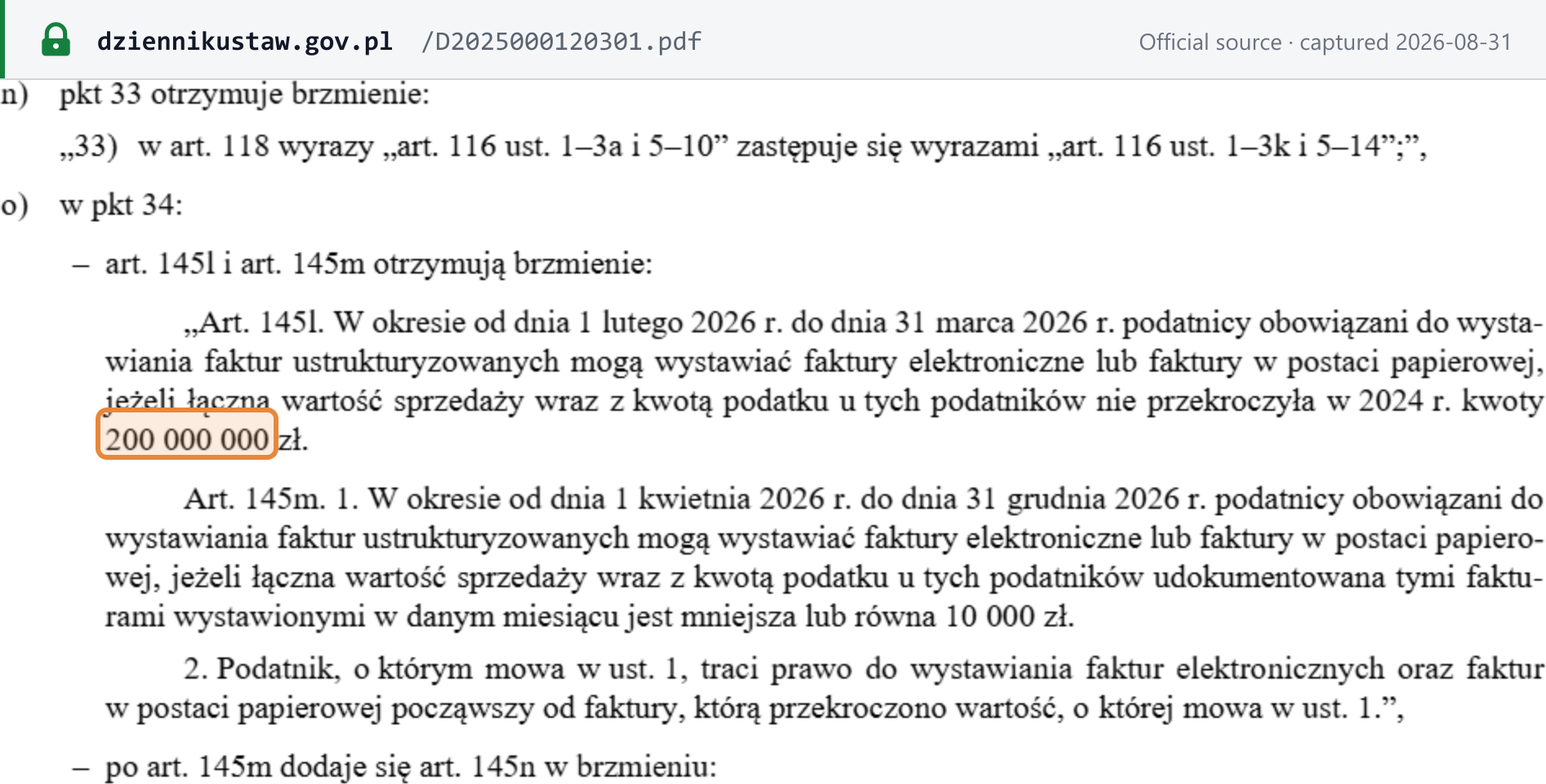 Articles 145l and 145m of the VAT Act: the PLN 200,000,000 phase-1 test and the 1 April 2026 phase-2 date