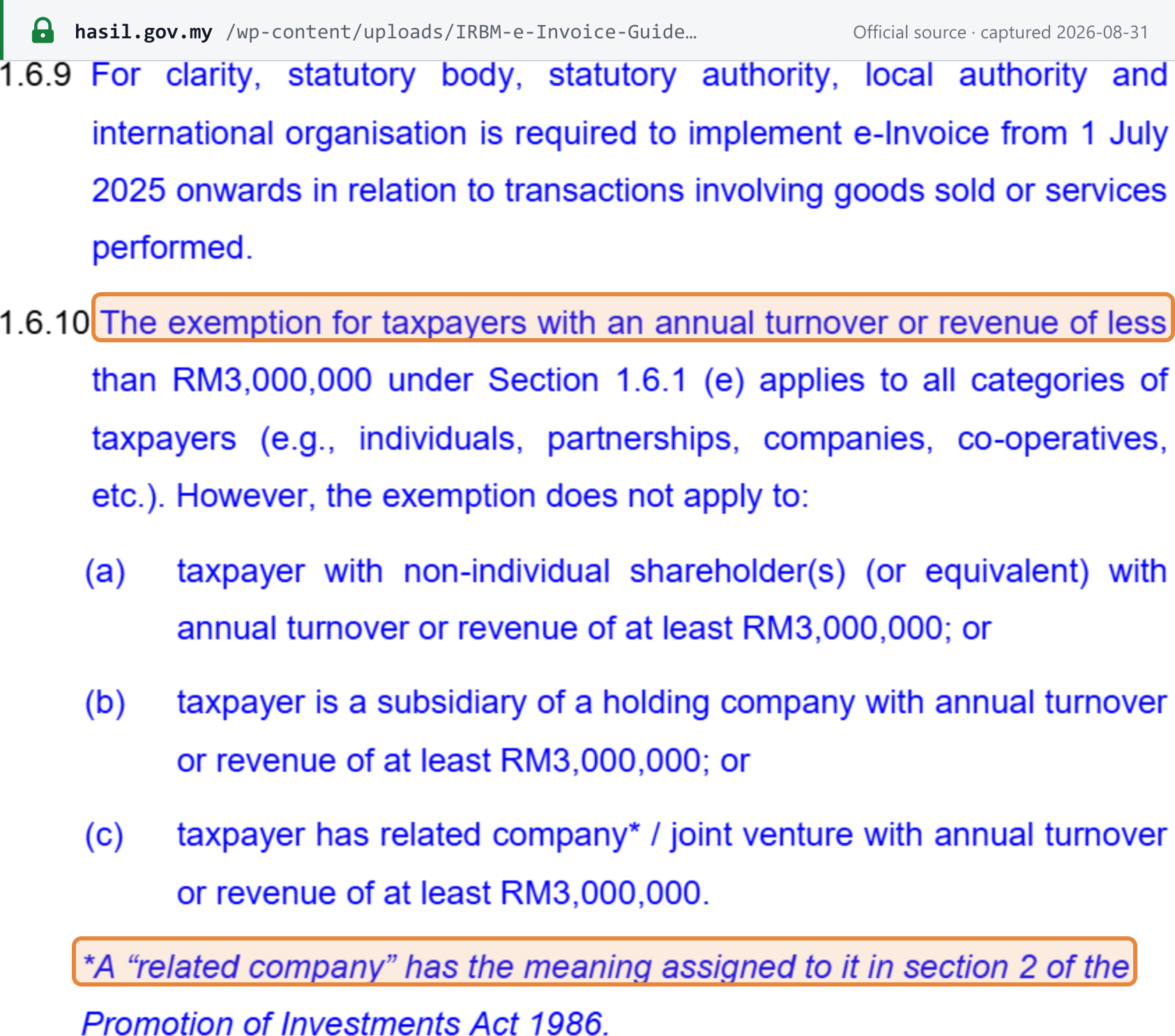 Source snapshot — e-Invoice Guideline v4.8 ¶1.6.10: the RM3,000,000 exemption does not apply to a taxpayer with a non-individual shareholder, a holding company, or a related company or joint venture with annual turnover or revenue of at least RM3,000,000
