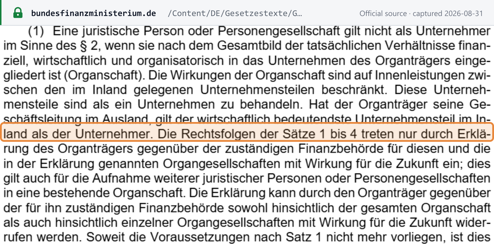 Source snapshot — government draft Jahressteuergesetz 2026, draft §2c UStG on Organschaft declaration. This is the government draft (Regierungsentwurf), not enacted statute.