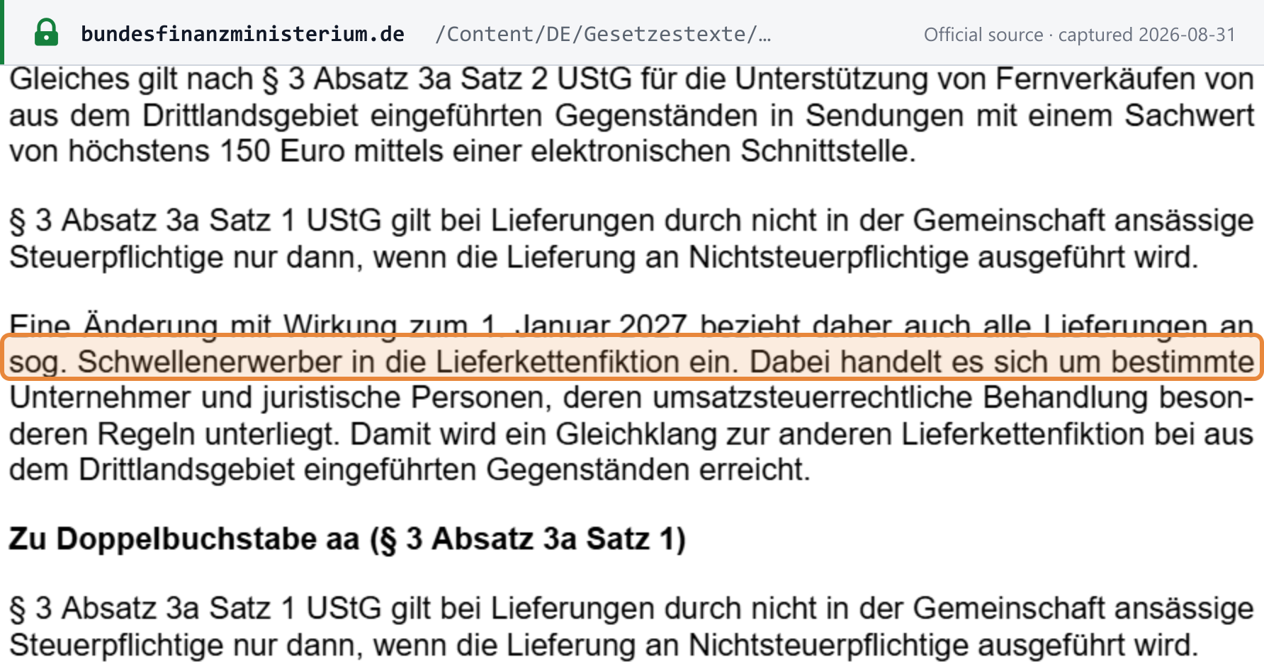 Source snapshot — government draft Jahressteuergesetz 2026, draft §3(3a) UStG extending the deemed-supplier fiction to Schwellenerwerber