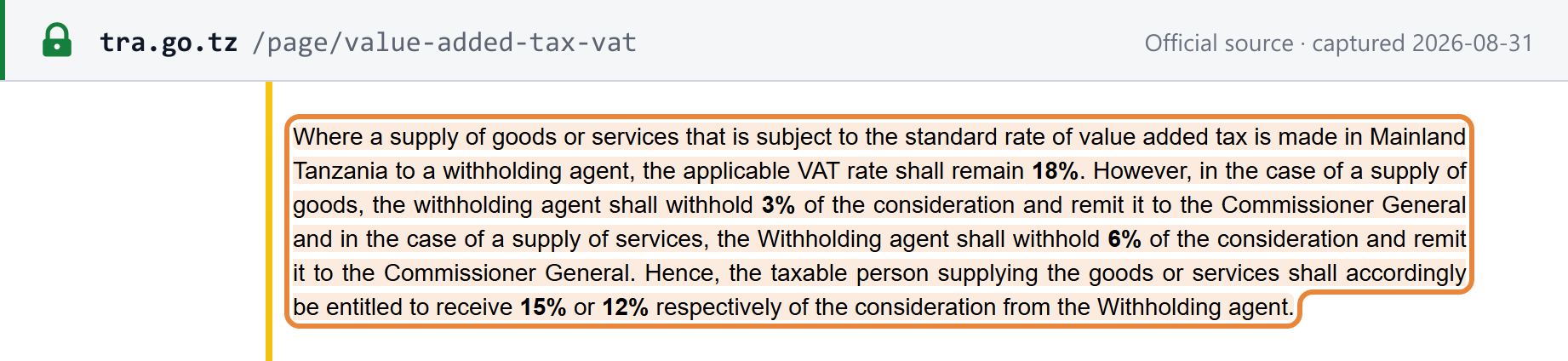 Source snapshot — TRA: withholding agent withholds 3% on goods / 6% on services; supplier receives 15% / 12% of the consideration