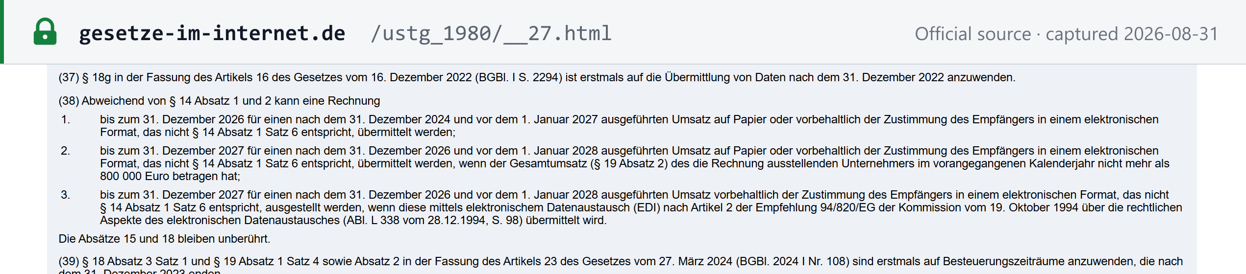 Source snapshot — UStG §27, the transitional provisions phasing in the mandatory eRechnung issuance obligation