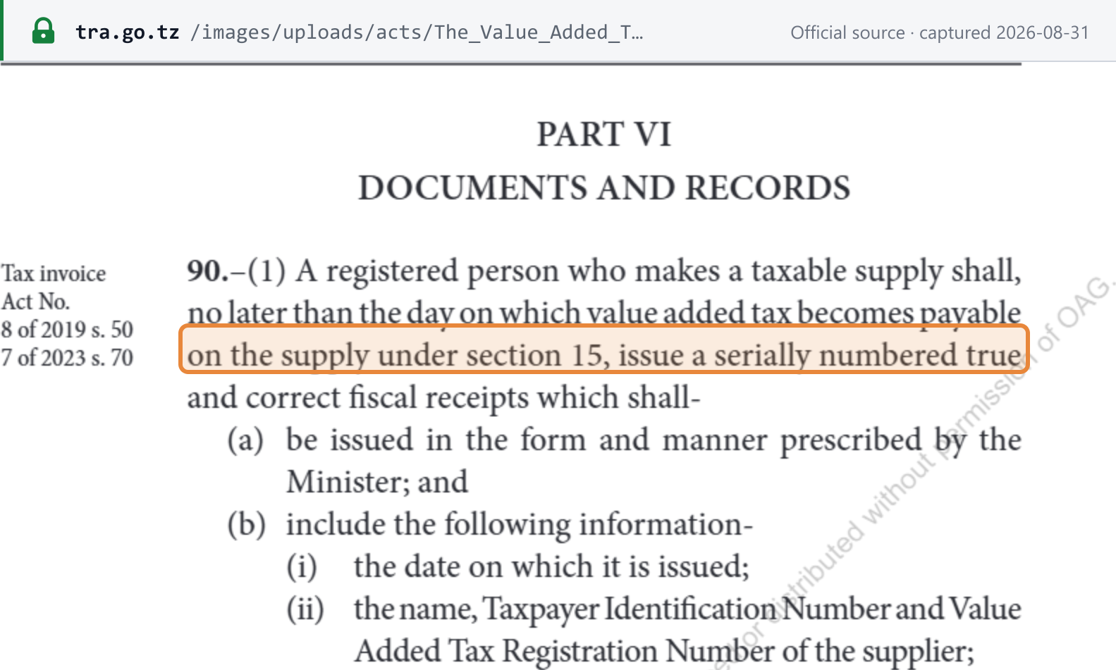 Source snapshot — Tanzania VAT Act CAP 148 R.E. 2023 section 90, requiring a registered person making a taxable supply to issue a serially numbered true and correct fiscal receipt