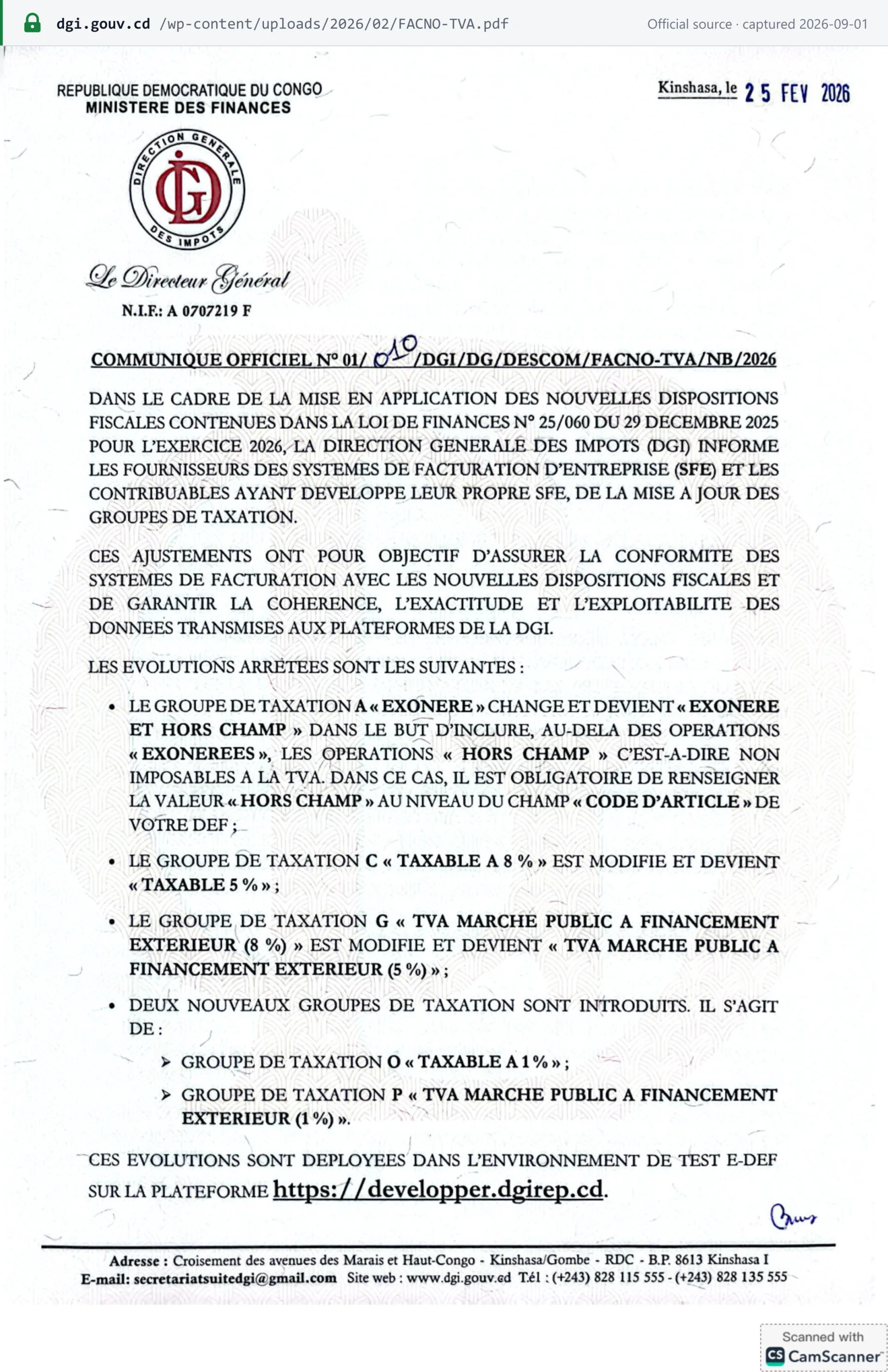 Source snapshot — 2026 rate change: DGI Communiqué officiel N° 01/010 of 25 February 2026 — taxation group C "TAXABLE A 8 %" becomes "TAXABLE 5 %", and new groups O "TAXABLE A 1 %" and P are introduced under Finance Law n° 25/060