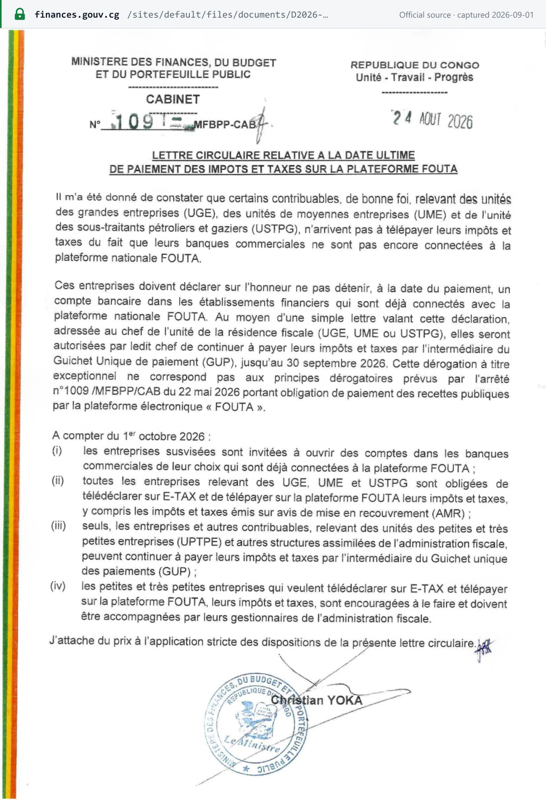 Source snapshot — payment: Lettre circulaire n° 1091/MFBPP-CAB of 24 August 2026 — from 1 October 2026 the UGE, UME and USTPG enterprises must file on E-TAX and pay on the FOUTA platform; only the small and very small enterprises (UPTPE) may keep paying through the Guichet unique des paiements