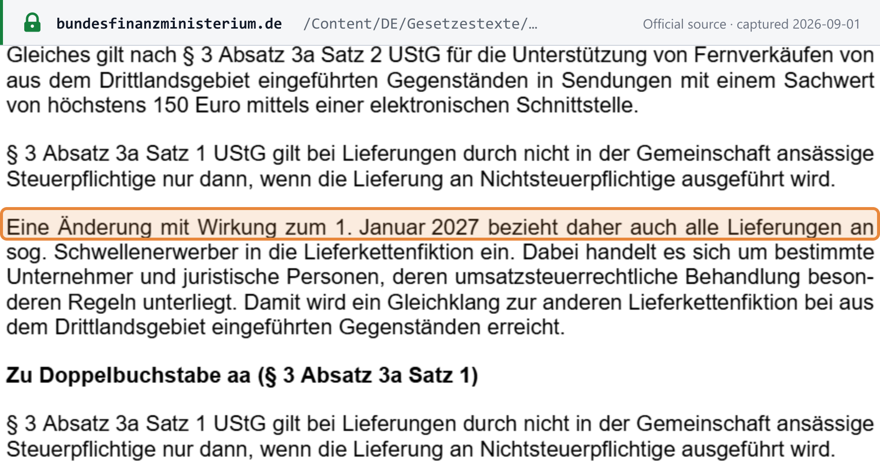 Source snapshot — Germany's JStG 2026 draft explanatory memorandum: from 1 January 2027 supplies to Schwellenerwerber are brought into the deemed-supplier chain fiction