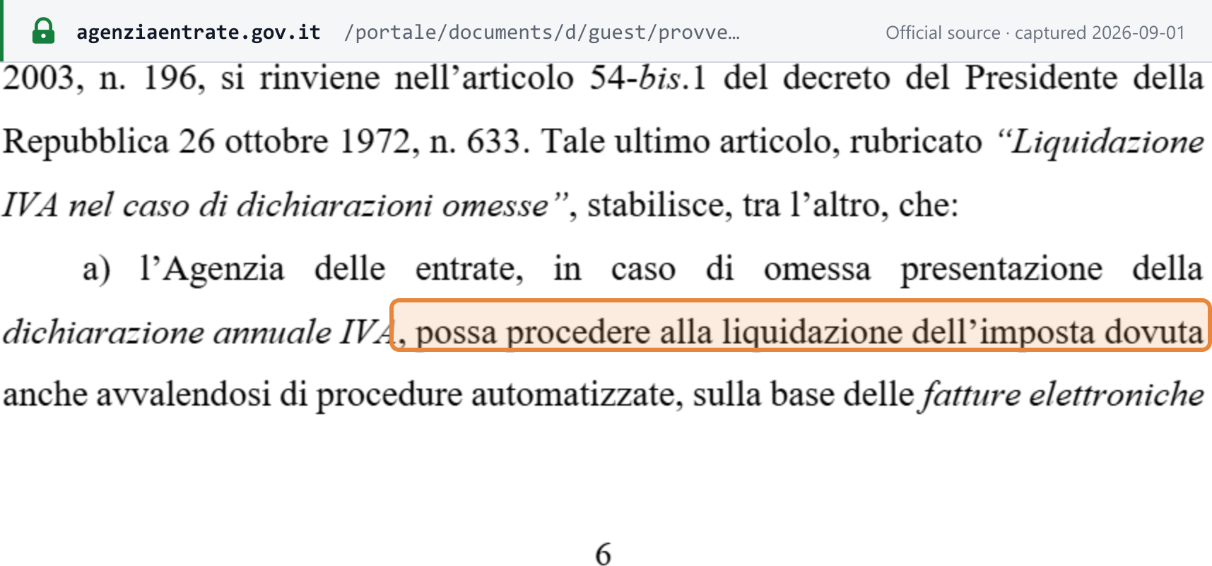 Source snapshot — Agenzia delle Entrate provvedimento 239129/2026: automated liquidation of VAT where the annual return has been omitted