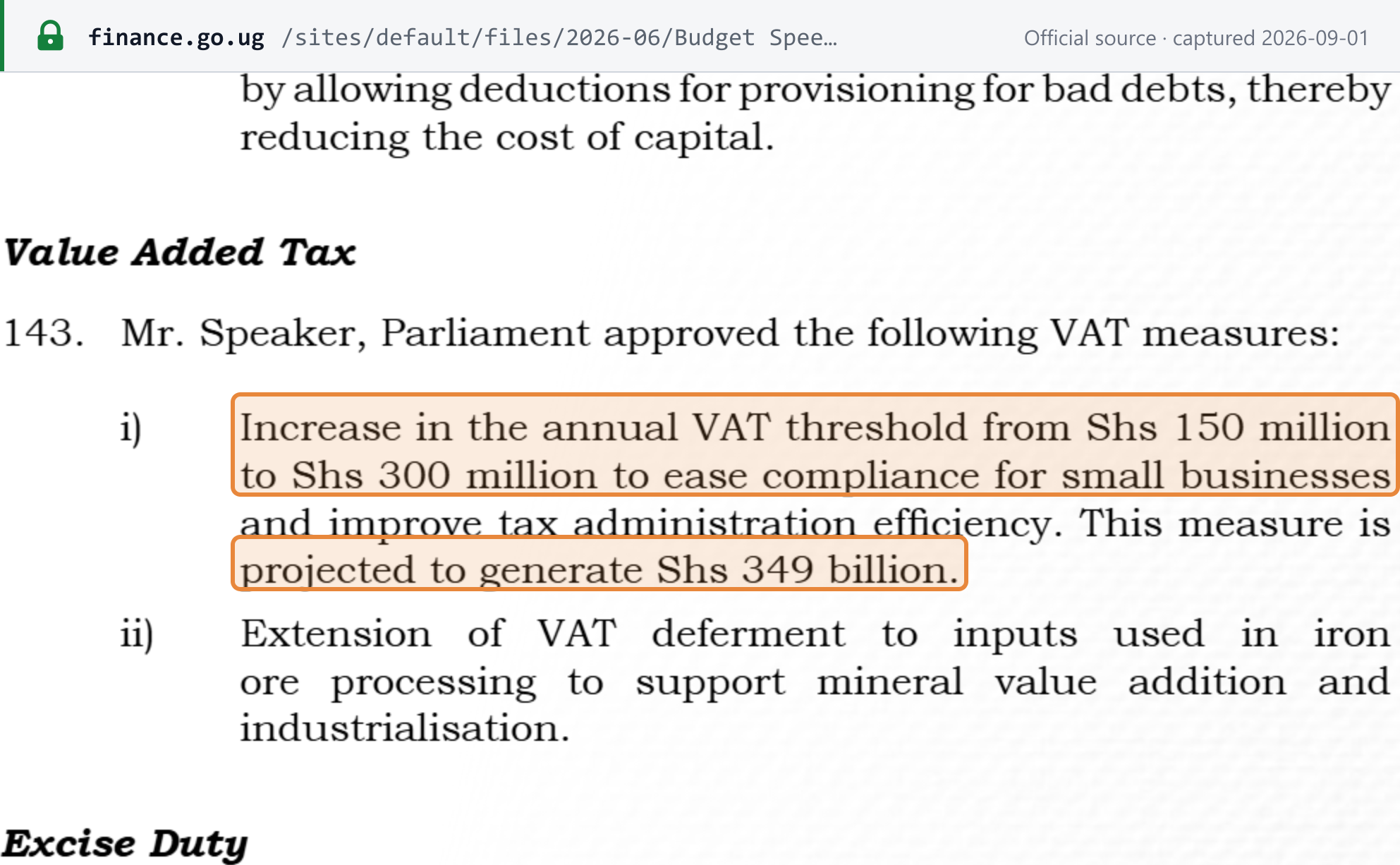 Source snapshot — Budget Speech FY2026/27, paragraph 143: increase in the annual VAT threshold to Shs 300 million to ease compliance for small businesses
