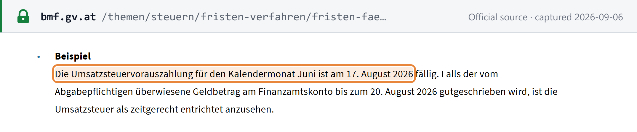 Source snapshot — BMF worked example: the VAT advance payment for the calendar month June is due on 17 August 2026