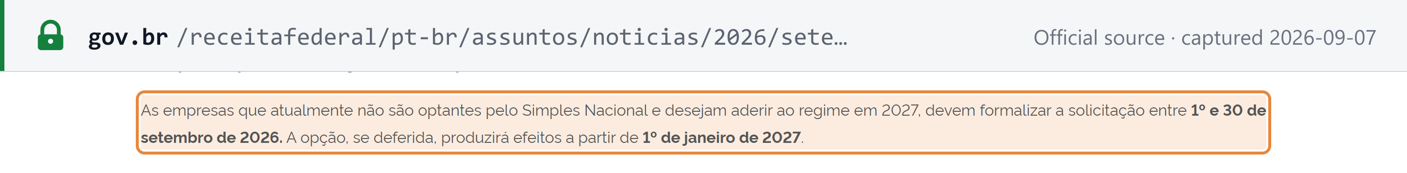 Source snapshot — Receita Federal alert: Simples Nacional and IBS/CBS collection-model election window opens 1-30 September 2026