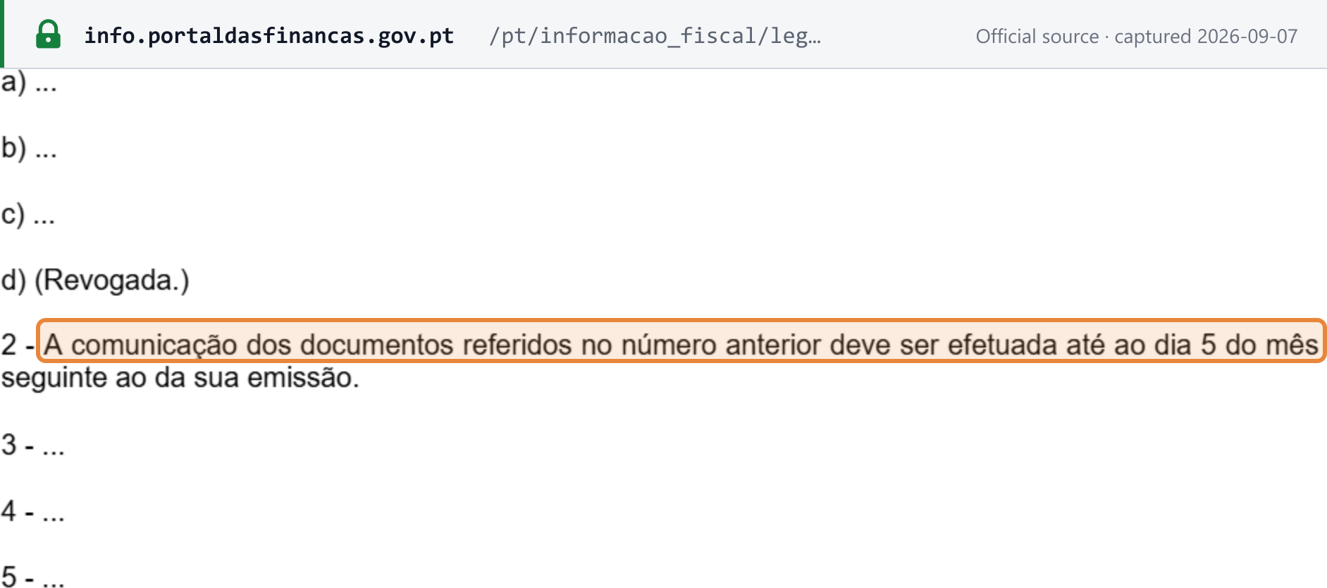 Source snapshot — Lei n.º 12/2022 artigo 317.º — invoice data must be communicated to AT by day 5 of the month following issue