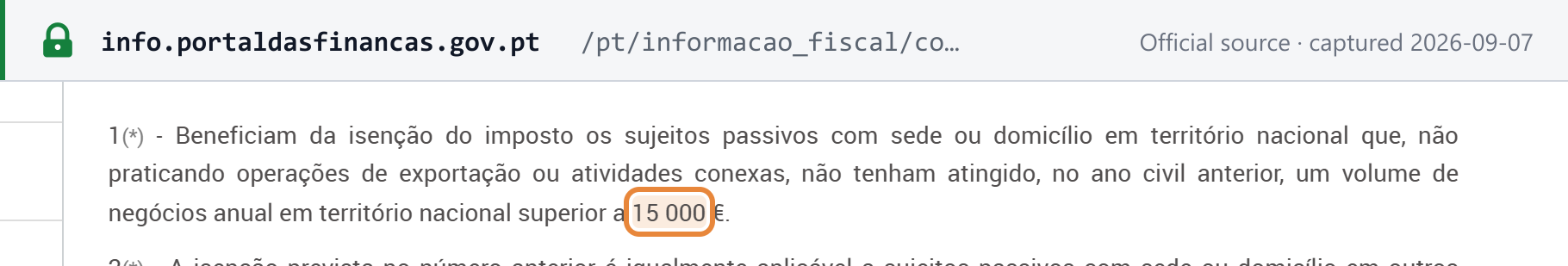 Source snapshot — CIVA artigo 53.º — the small-business exemption is available only to taxable persons with a seat or domicile in national territory, up to an annual turnover of EUR 15,000