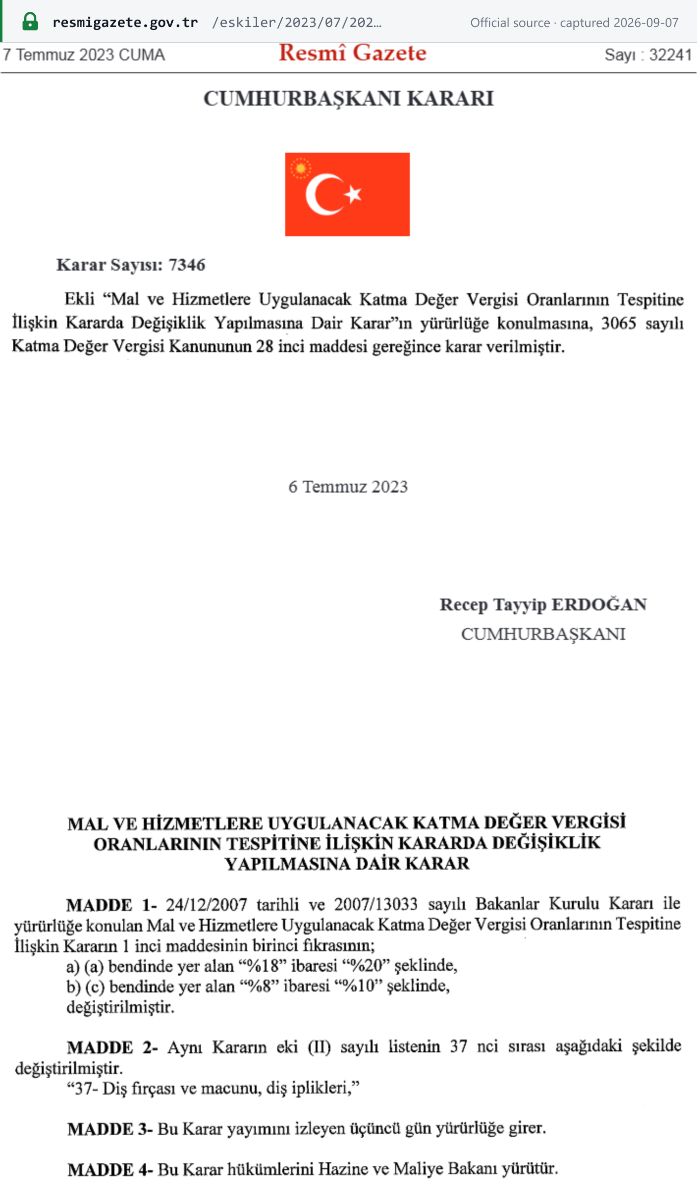 Source snapshot — Cumhurbaşkanı Kararı 7346, MADDE 1: the "%18" rate in Decision 2007/13033 is replaced with "%20", and "%8" is replaced with "%10" — MADDE 3 sets the decision in force the third day after publication