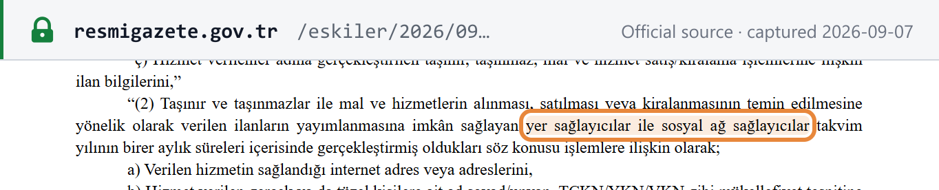 Source snapshot — VUK Genel Tebliği 595: hosting providers (yer sağlayıcılar) and social network providers must report listing data monthly