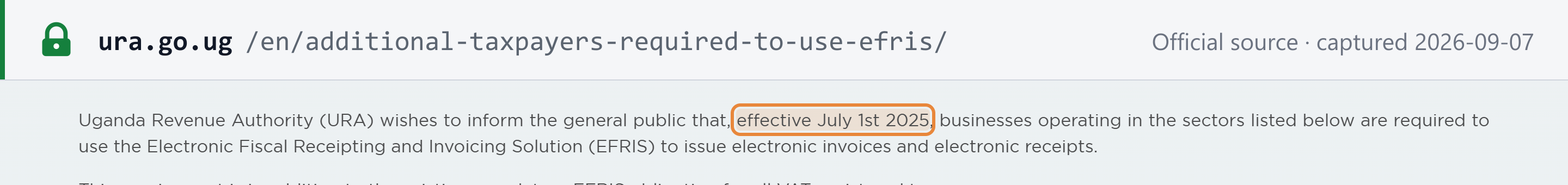 Source snapshot — URA public notice: effective 1 July 2025, businesses in the listed sectors must use EFRIS to issue electronic invoices and receipts