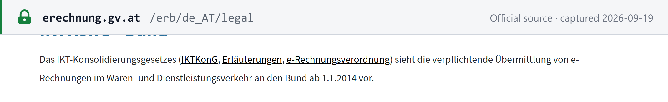 Source snapshot — erechnung.gv.at: e-invoicing to federal bodies mandatory from 1.1.2014, with no obligation to send e-invoices to other recipients