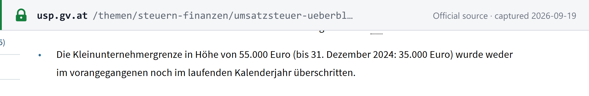 Source snapshot — USP on the Kleinunternehmer threshold: €55,000, measured gross, against €35,000 to 31 December 2024