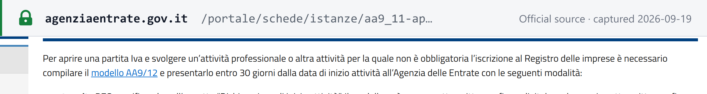 Source snapshot — Agenzia delle Entrate on the AA9/12 model: the declaration is filed "entro 30 giorni dalla data di inizio attività"