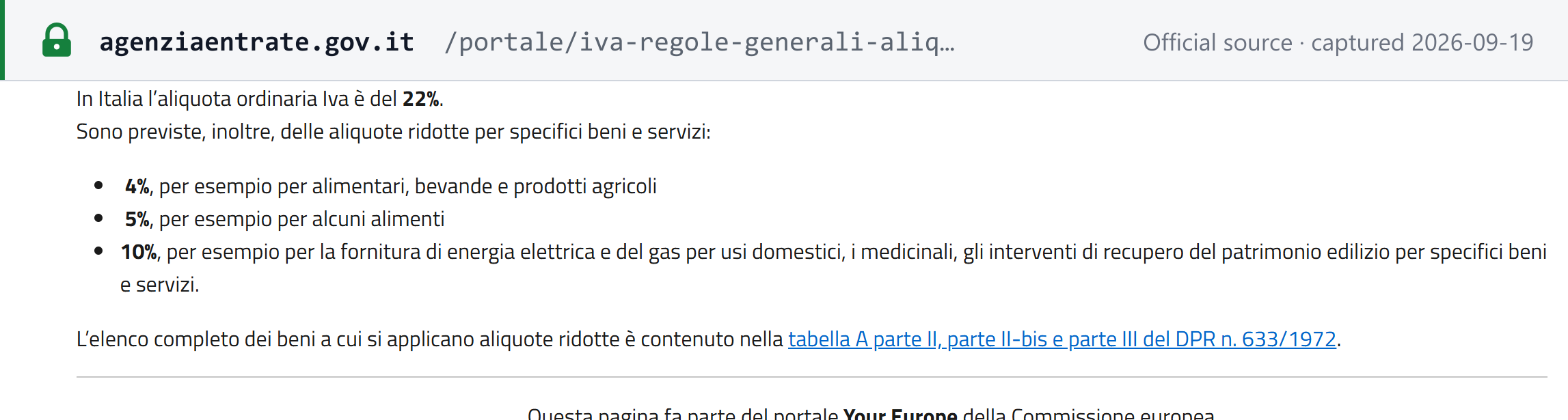 Source snapshot — Agenzia delle Entrate on the Italian VAT rate structure: 22% standard with 10%, 5% and 4% reduced bands