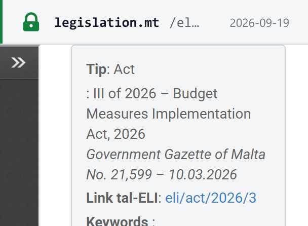 Source snapshot — legislation.mt record for Act III of 2026: "III of 2026 – Budget Measures Implementation Act, 2026 Government Gazette of Malta No. 21,599 – 10.03.2026"