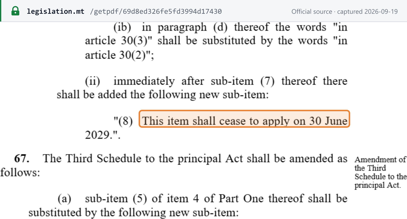 Source snapshot — Act III of 2026 inserting new item 17A(8) into the Fourteenth Schedule: the call-off-stock item shall cease to apply on 30 June 2029