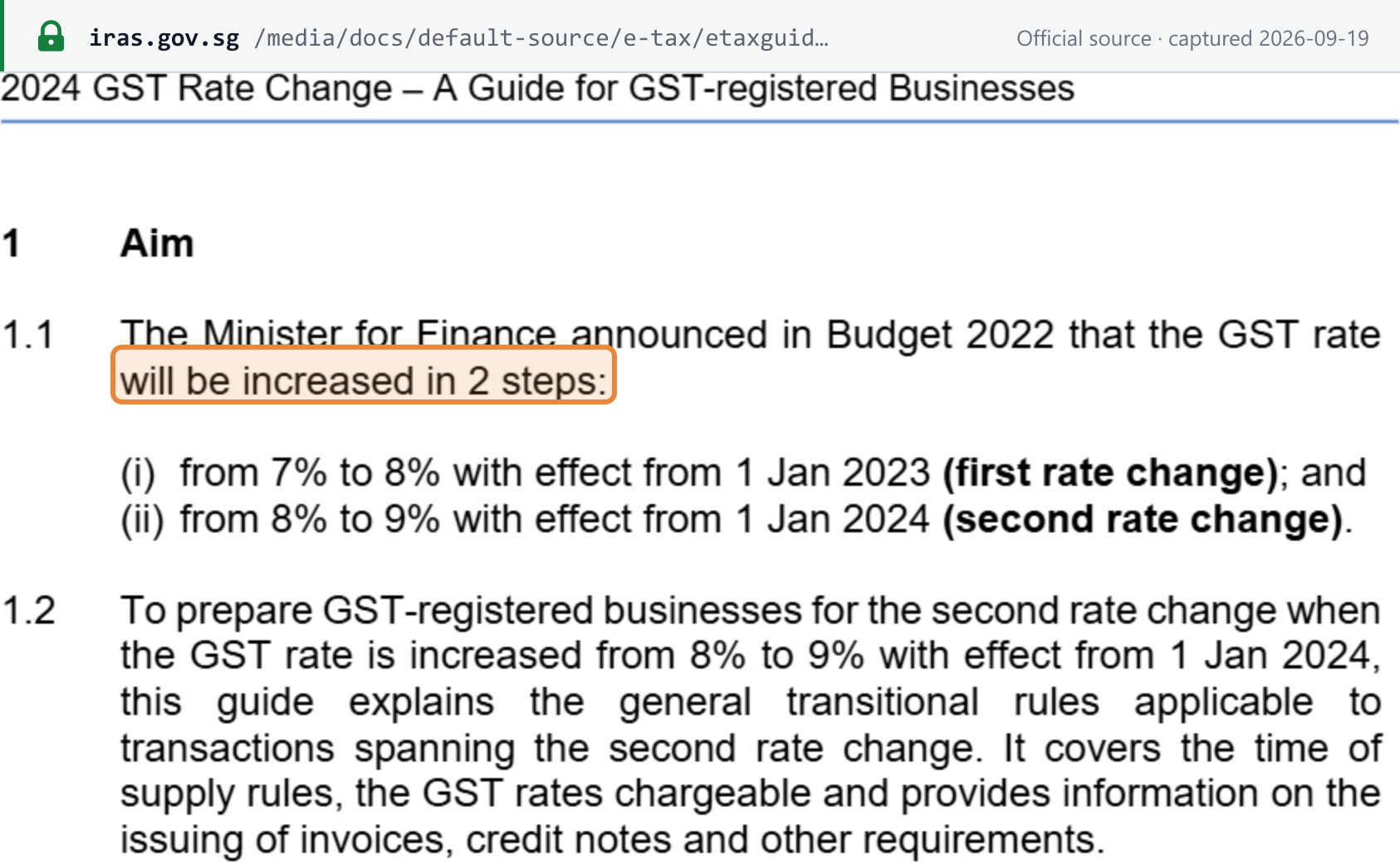Source snapshot — IRAS e-Tax Guide: the GST rate rose 7% to 8% on 1 Jan 2023 and 8% to 9% on 1 Jan 2024
