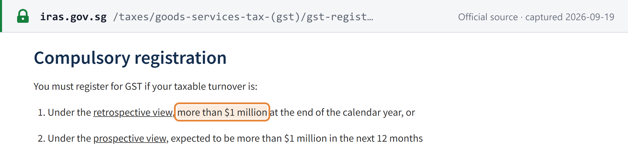 Source snapshot — IRAS: compulsory GST registration on the retrospective or prospective SGD 1 million test