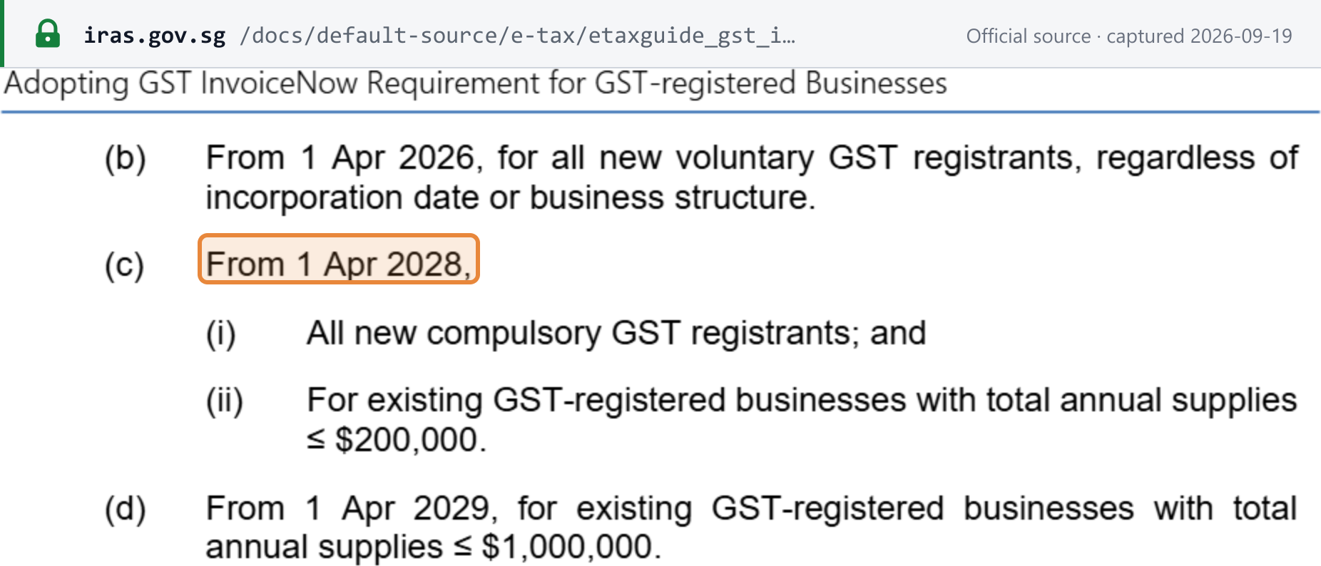 Source snapshot — IRAS e-Tax Guide: the GST InvoiceNow phase bands by total annual supplies, 2028 to 2031