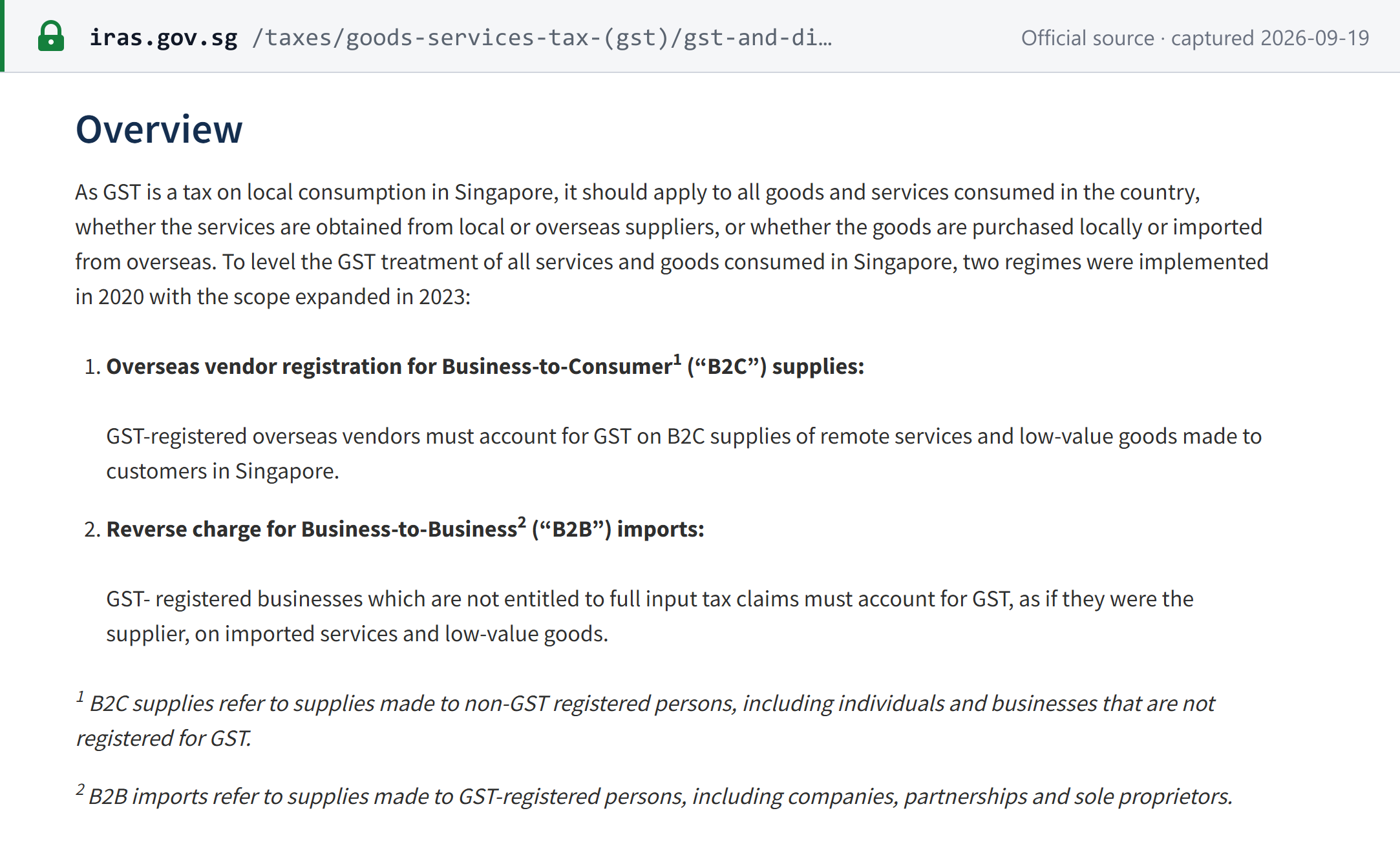 Source snapshot — IRAS: Overseas Vendor Registration applies above SGD 1m global turnover and SGD 100,000 of B2C supplies into Singapore