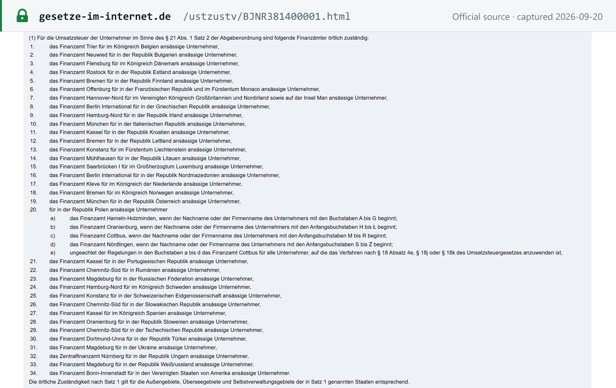 Source snapshot — UStZustV §1 Abs. 1: the country-of-establishment to Finanzamt allocation, including Poland's four-way letter split and the OSS/IOSS override to Cottbus