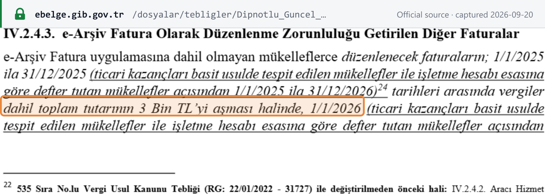 Source snapshot — VUK GT 509 section IV.2.4.3: the 3,000 TL e-Arşiv test, with the switchover dated 1/1/2026 and 1/1/2027 for basit usul and işletme hesabı taxpayers