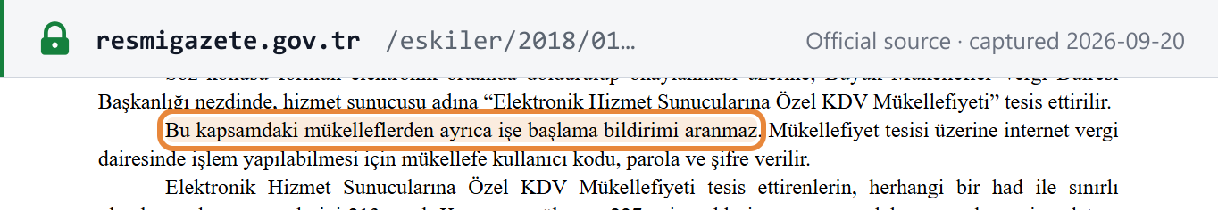 Source snapshot — KDVGUT Seri No 17: a special "Elektronik Hizmet Sunucularına Özel KDV Mükellefiyeti" is opened at the Büyük Mükellefler VDB, and no işe başlama bildirimi is required