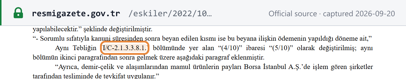 Source snapshot — KDVGUT Seri No 43 (RG 25 Ekim 2022, Sayı 31994) MADDE 2: the demir-çelik withholding rate "(4/10)" is replaced by "(5/10)"