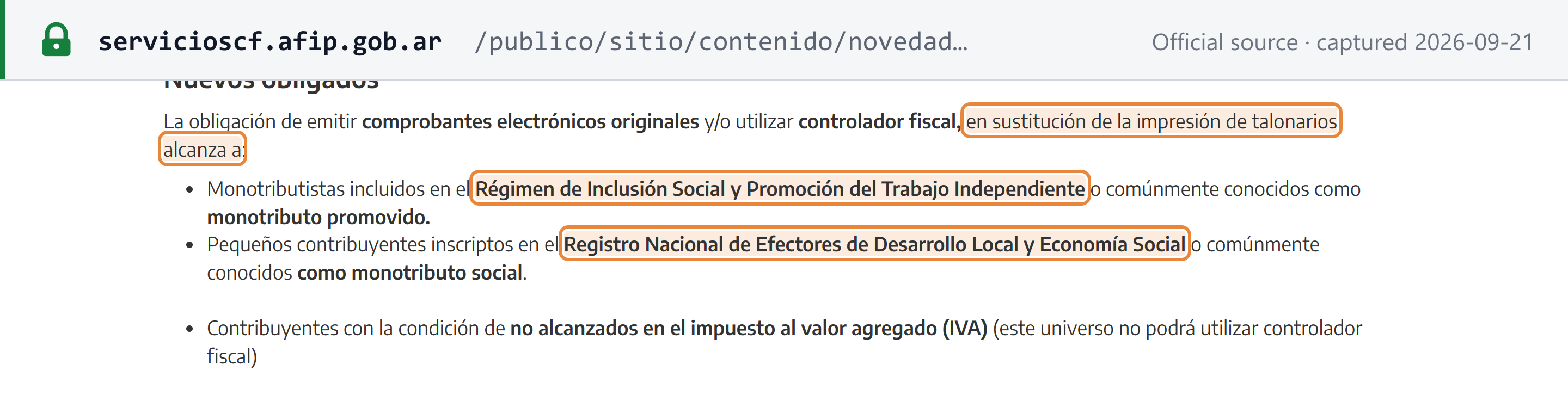 Source snapshot — ARCA's list of newly obliged groups under RG 5893/2026: monotributo promovido, monotributo social, and taxpayers outside VAT (who may not use a fiscal controller)