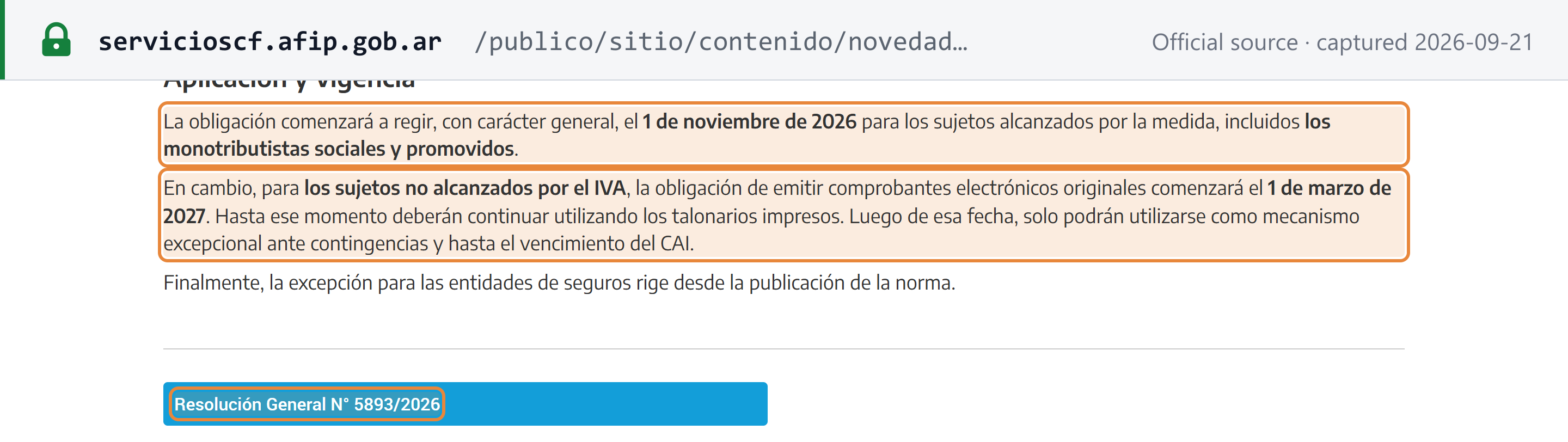 Source snapshot — ARCA: the obligation starts on 1 November 2026, including monotributo social and promovido, and on 1 March 2027 for subjects outside VAT (RG 5893/2026)