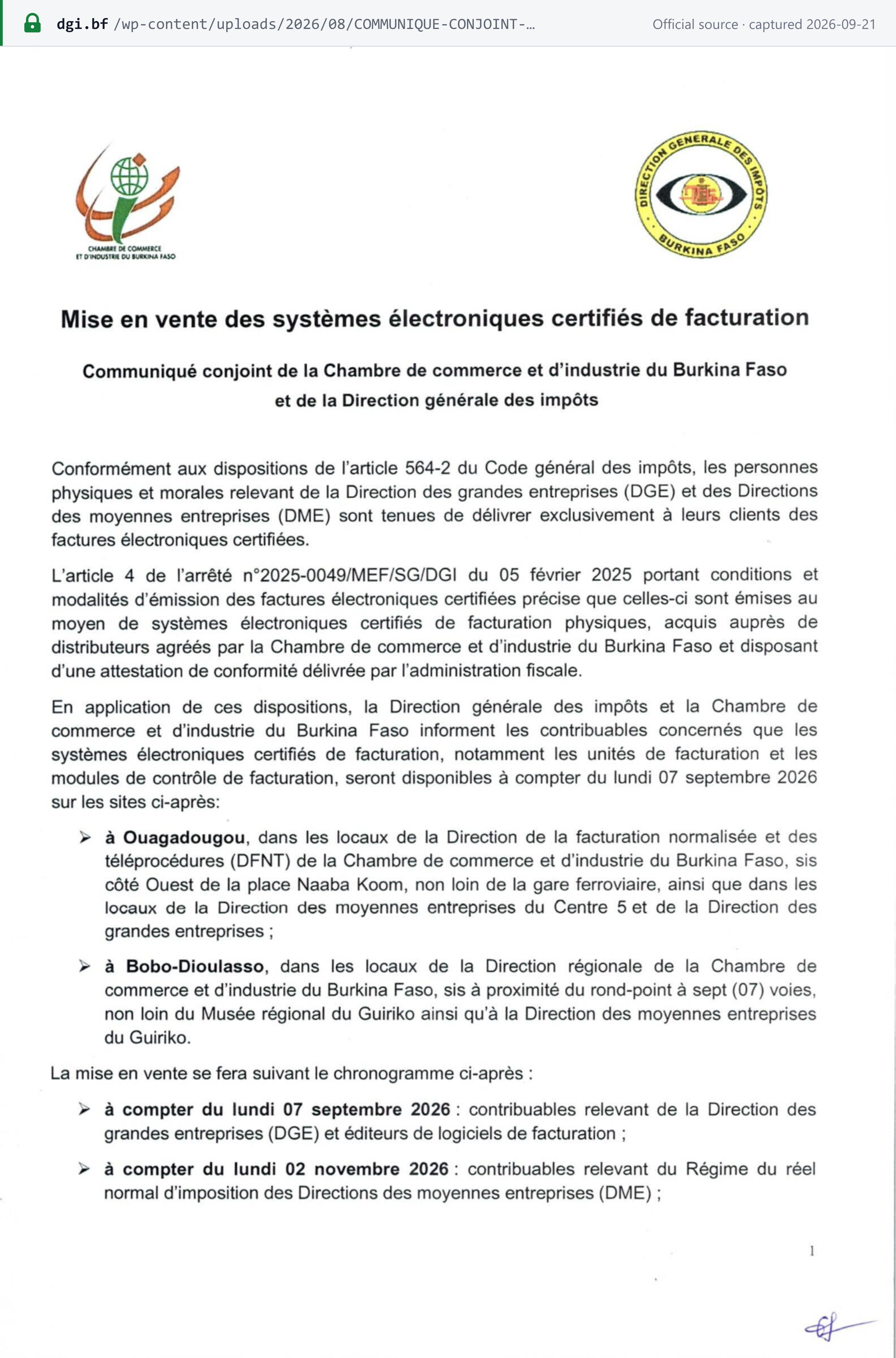 Source snapshot — Joint CCI-BF and DGI communiqué of 28 August 2026, page 1 (mandate timeline): under CGI art. 564-2, DGE and DME taxpayers must issue exclusively certified electronic invoices; devices (invoicing units and control modules) available from Monday 7 September 2026 at the listed sale points; sale calendar from 7 September 2026 for DGE taxpayers and software publishers and from 2 November 2026 for DME taxpayers under the régime du réel normal