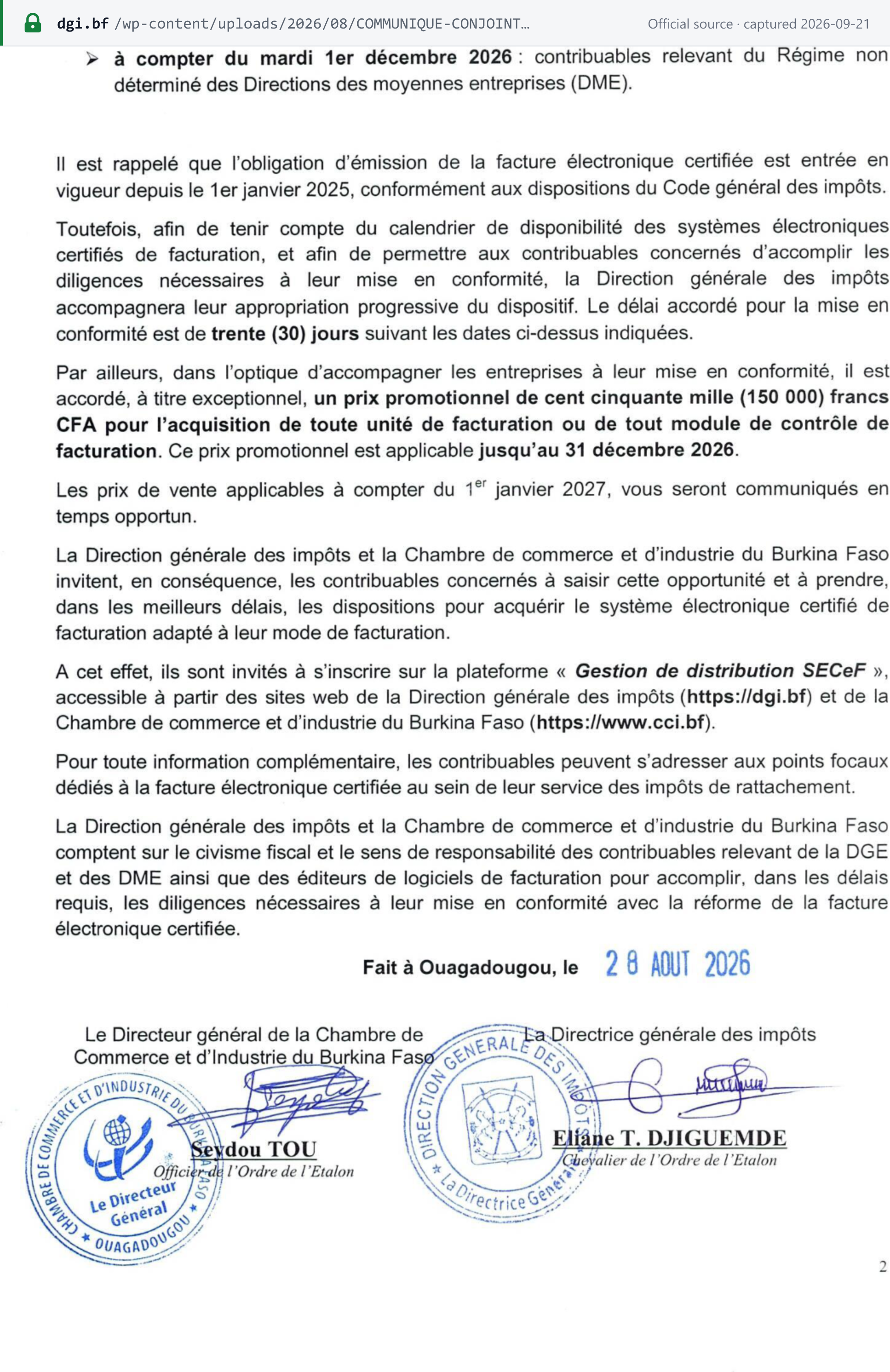 Source snapshot — Joint CCI-BF and DGI communiqué of 28 August 2026, page 2 (mandate timeline): from 1 December 2026 for DME taxpayers under the régime non déterminé; the FEC obligation has been in force since 1 January 2025; 30-day conformity period after each date; promotional price of FCFA 150,000 per invoicing unit or control module until 31 December 2026; registration on the Gestion de distribution SECeF platform