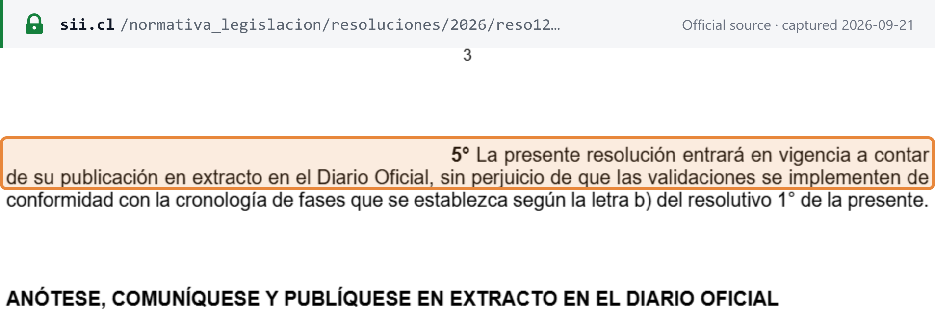 Source snapshot — Res. Ex. SII 121/2026 resolutivo 5°: in force from its Diario Oficial extract, with validations phased in per a schedule to be set