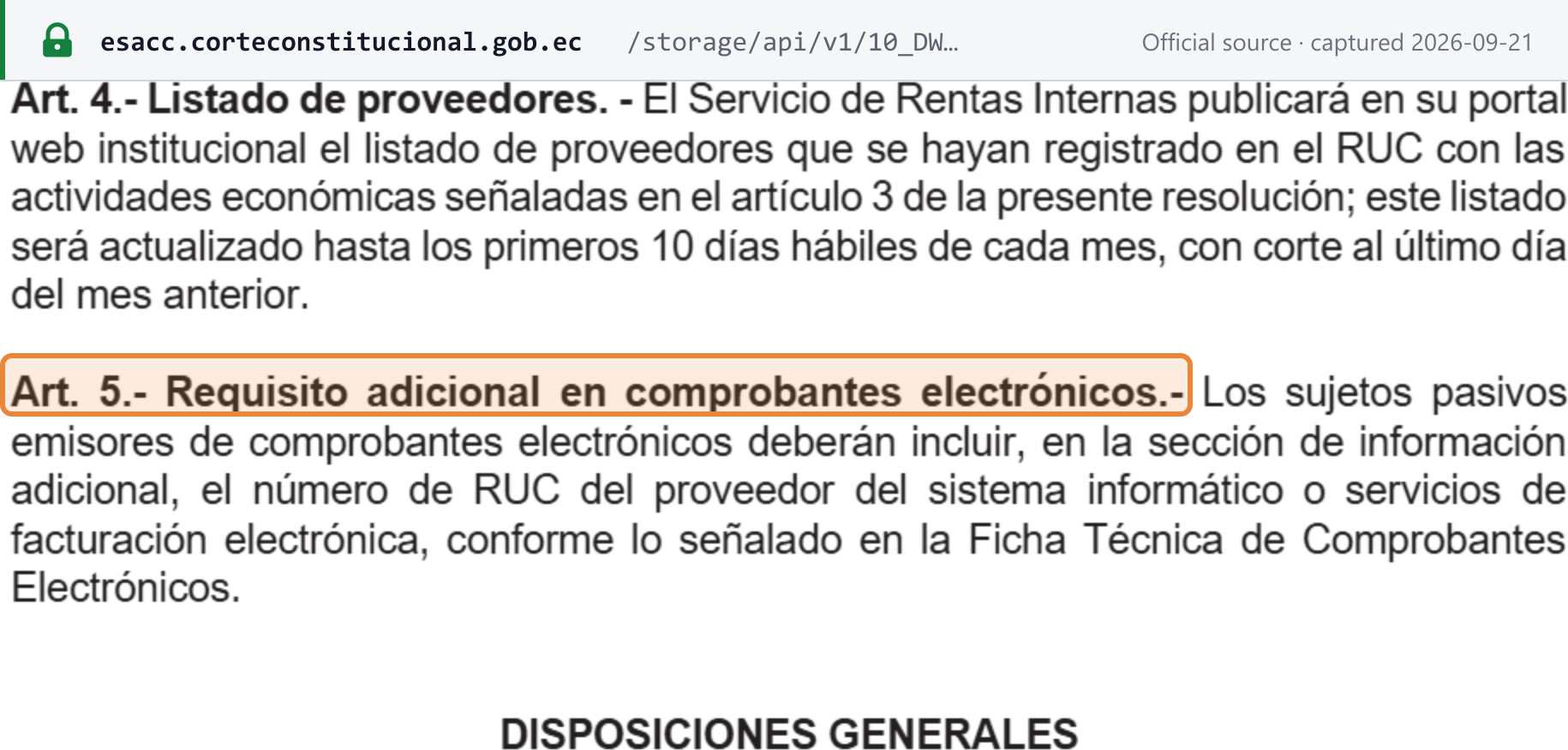 Source snapshot — SRI Resolution NAC-DGERCGC26-00000027, article 5: issuers of electronic documents must include, in the additional-information section, the RUC number of their e-invoicing system or service provider, as set out in SRI's technical specification