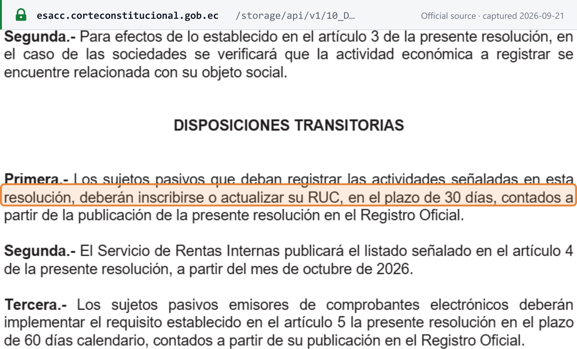 Source snapshot — SRI Resolution NAC-DGERCGC26-00000027, transitory provisions: 30 days from publication for providers to register or update their RUC, a provider list published from October 2026, and 60 calendar days to apply the article 5 requirement
