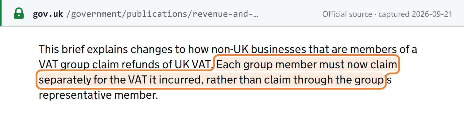 Source snapshot — HMRC Revenue and Customs Brief 8 (2026): each non-UK VAT group member "must now claim separately for the VAT it incurred, rather than claim through the group's representative member"