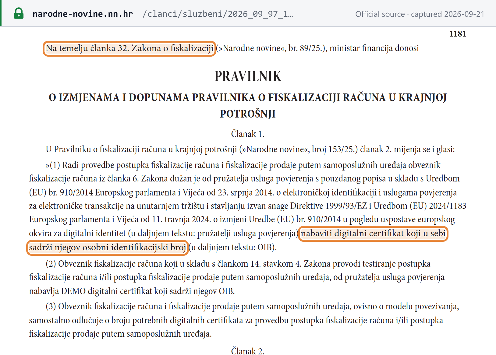 Source snapshot — NN 97/2026 Art 1: receipt-fiscalisation obligors must obtain a digital certificate containing their OIB from a trust service provider on the eIDAS trusted list