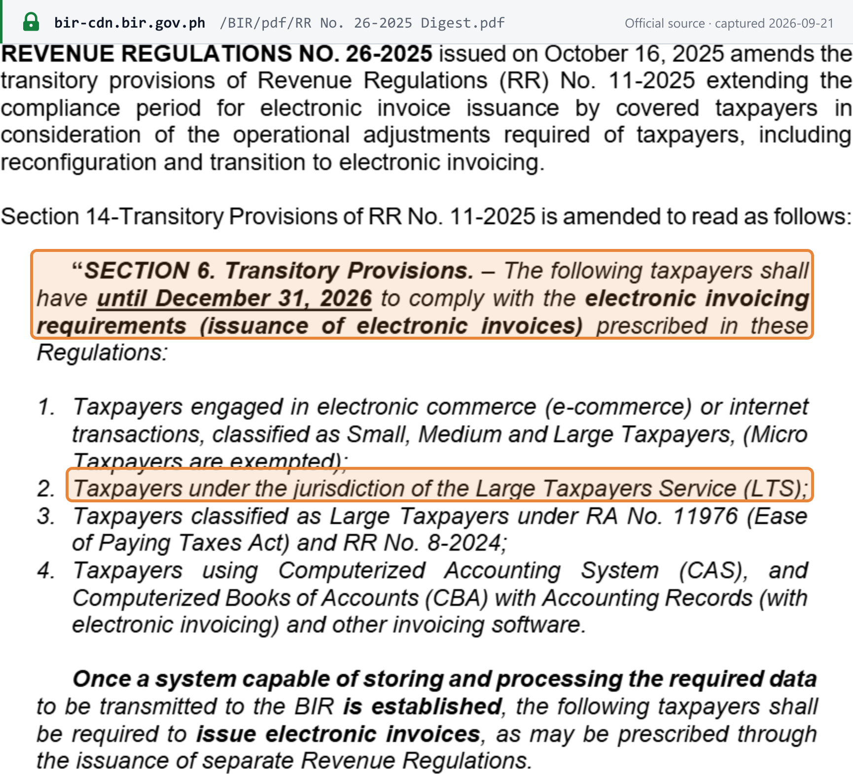 Source snapshot — RR 26-2025 (digest): the amended Section 6 Transitory Provisions give the four listed groups until 31 December 2026 to comply with the electronic invoicing requirements (issuance of electronic invoices)