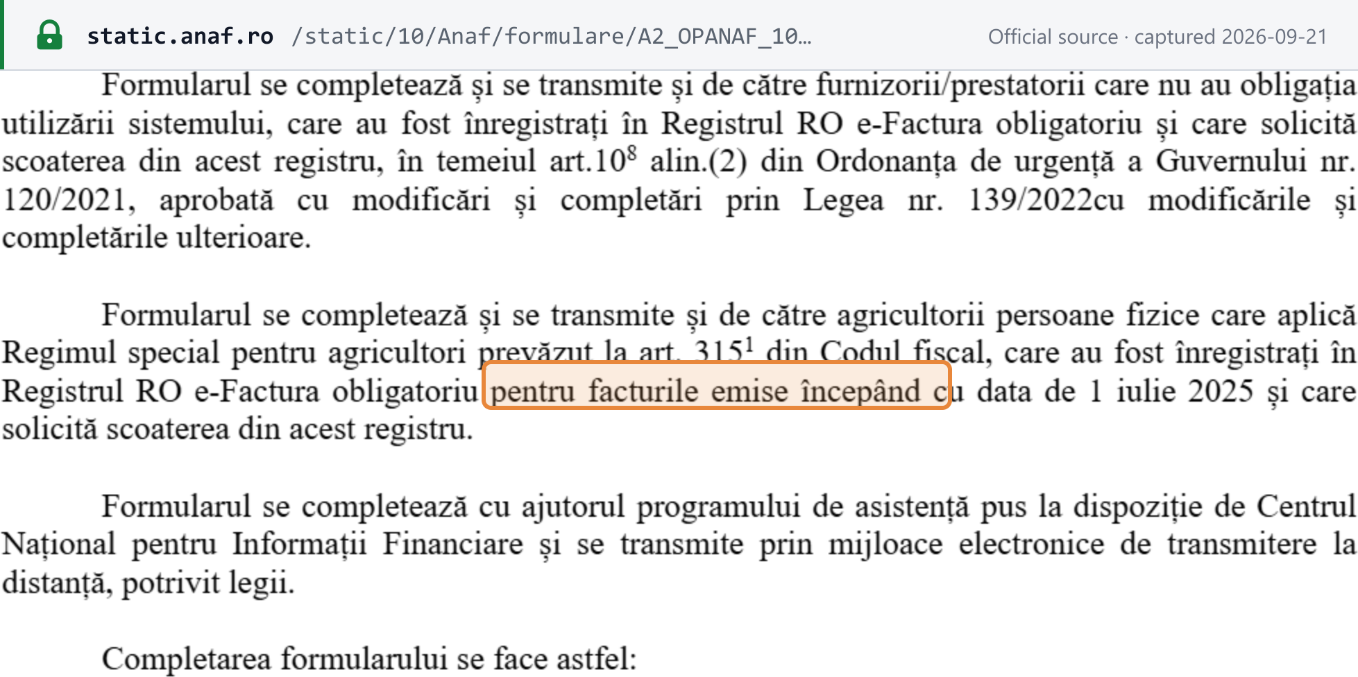 Source snapshot — ANAF form 082 instructions (annex to OPANAF 1020/2026): individual farmers under the special regime may request removal from the mandatory RO e-Factura Register