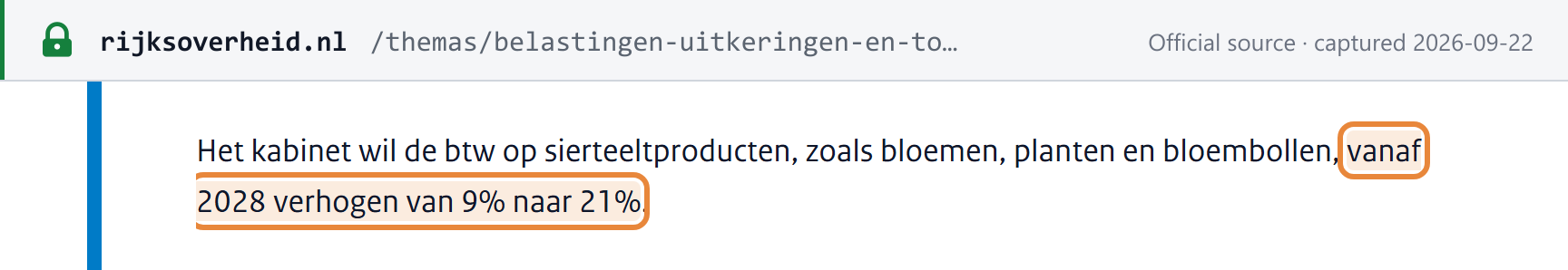 Source snapshot — Rijksoverheid: the cabinet plans to raise VAT on ornamental horticulture products such as flowers, plants and bulbs from 9% to 21% from 2028
